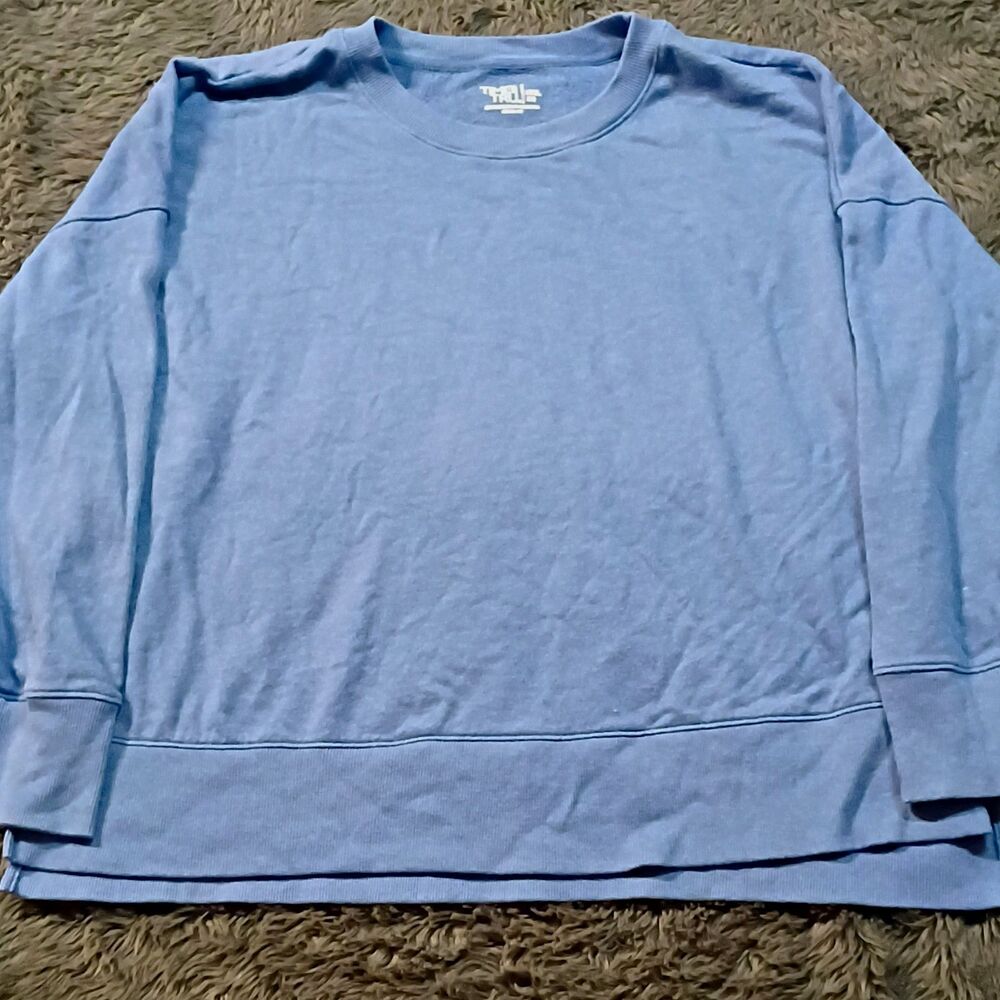 Time and Tru Women's Blue Solid Crew Neck Fleece Pullover Sweatshirt 2XL